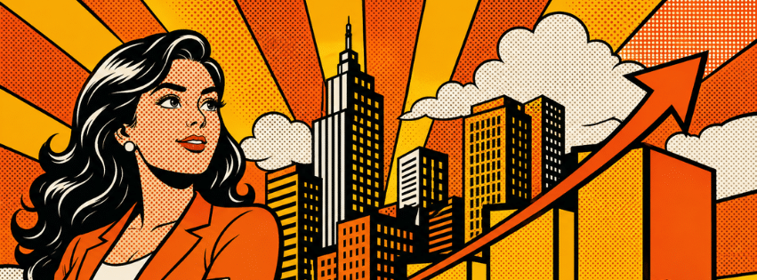 Woman with city skyline and growth